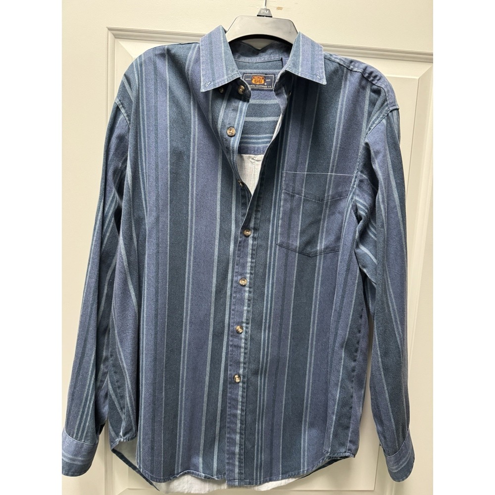 Vintage 90s Route 66 Striped Flannel Shirt Mens L Blue Vertical Stripe Button Up